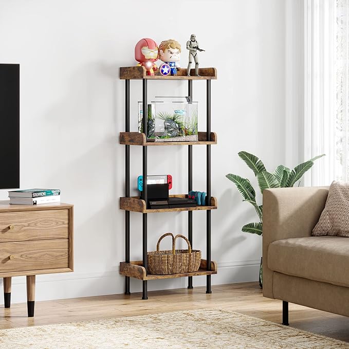 Bookcase 4 Tier Bookshelf, Vintage Small Bookshelf for Small Spaces, Wooden Book Shelf Small Bookcase for Living Room Bedroom