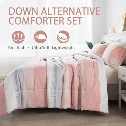 Andency Stripe Comforter Set Twin Size (66x90 Inch), 2 Pieces Pink Patchwork Striped Comforter, Soft Microfiber Down Alternative Comforter Bedding Set with Corner Loops
