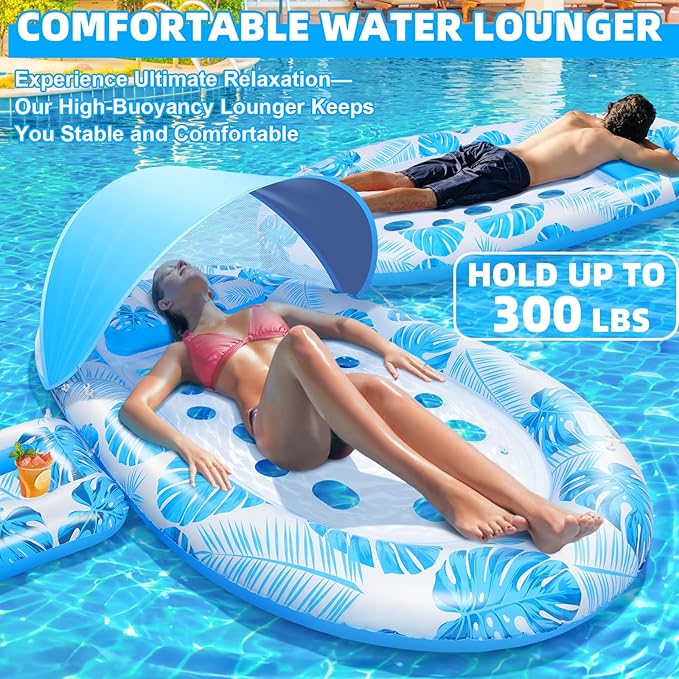2025 New Pool Floats Adult with Canopy and Cup Holder, 3-in-1 Inflatable Pool Lounge Floaties for Swimming Pool Lake Beach Water, Raft Lounger Floating Chair for Adults Heavy Duty
