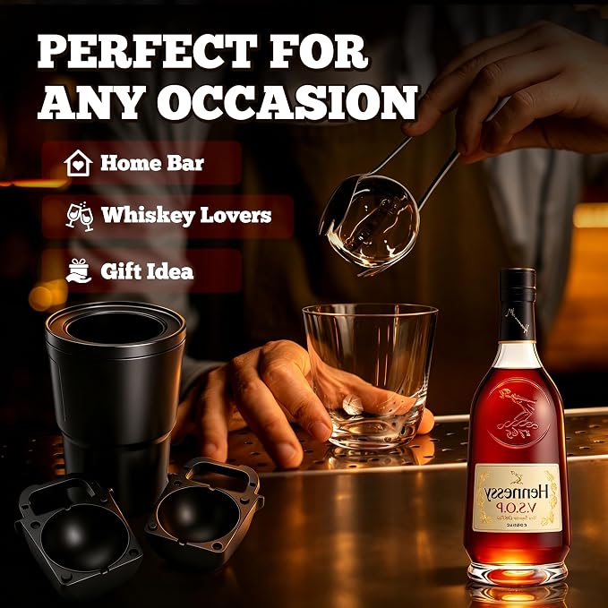 Crystal Clear Ice Ball Maker with Insulated Black Cup – Large Sphere Silicone Ice Mold for Whiskey & Cocktails Slow Melting Clear Ice Maker, Bourbon, Scotch Gifts for Home Bar 2 Pack