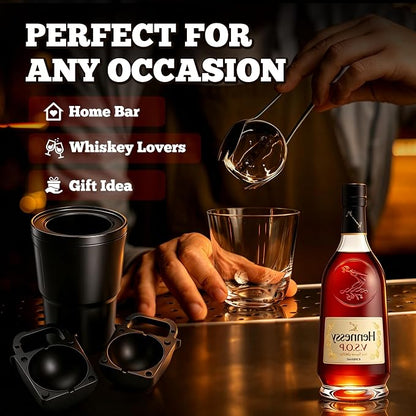 Crystal Clear Ice Ball Maker with Insulated Black Cup – Large Sphere Silicone Ice Mold for Whiskey & Cocktails Slow Melting Clear Ice Maker, Bourbon, Scotch Gifts for Home Bar 2 Pack