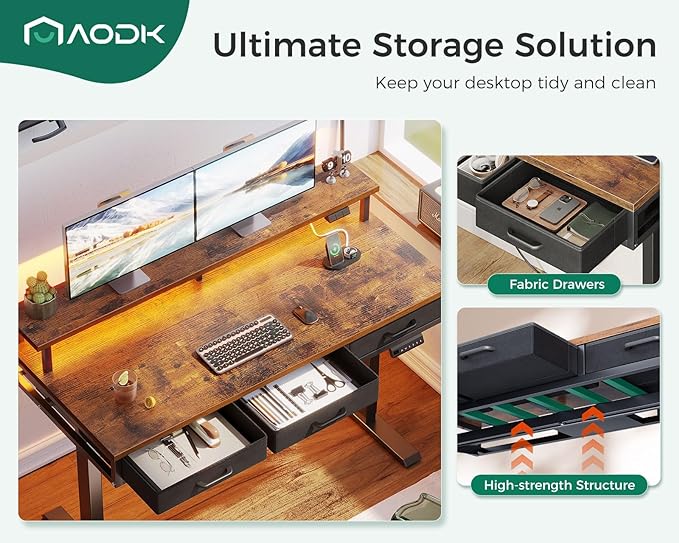 AODK 47 Inch Electric Standing Desk with 3 Drawers, Brown, Height Adjustable Desk with Power Outlets & LED Lights, Stand Up Desk with Monitor Shelf, Sit Stand Desk Computer Workstation