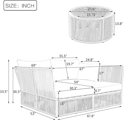 2-Piece Sunbed and Coffee Table, Patio Double Chaise Lounger Loveseat Daybed Outdoor Furniture Set for Backyard Poolside Lawn Balcony, Full, Ac-Grey