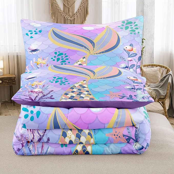 NINENINE Teal Purple Mermaid Comforter Set,Mermaid Tail Bedding Set,Twin Size Bedding Sets for Girls,Colorful Glitter Comforter Sets for Kids with 1 Comforter 1 Pillowcase…