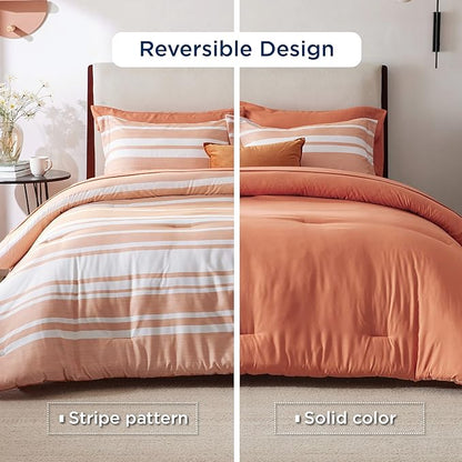 Bedsure Bed in a Bag Twin Size 5 Pieces, Burnt Orange White Striped Bedding Comforter Sets All Season Bed Set with 1 Pillow Sham, Flat Sheet, Fitted Sheet and 1 Pillowcase