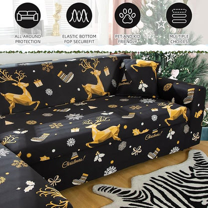 Mybedsoul Christmas Printed Black Sofa Cover Reindeer Printed Elastic Couch Cover Machine Washable Christmas Theme Red Sofa Slipcover for Living Room(3 Seater/Loveseat)