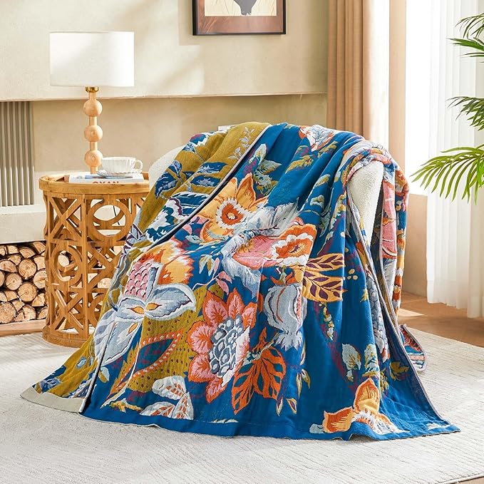 Boho Throw Blanket, Blue Lightweight Blankets for Summer, 100% Cotton Bohemian Decorative Throw Blanket, 90"x98" Reversible Muslin Breathable Woven Farmhouse Blankets Quilt,
