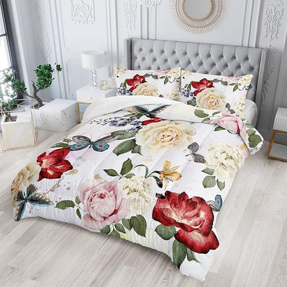 Butterfly Comforter Set for Girls Kids Adults Watercolor Butterfly Rose Bedding Set Aesthetics Butterflies Quilt Duvet Set Queen Size with 1 Comforter and 2 Pillowcases
