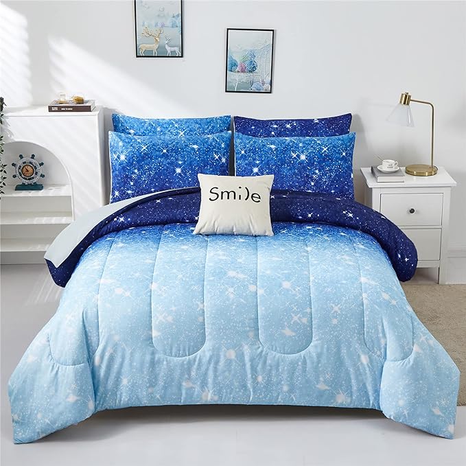Blue Glitter Comforter Set Twin Size for Boys Girls, Sparkle Galaxy Twinkle Starlight Comforter for Kids Teen, 2 Piece Aqua Blue Navy Ombre Bedding Set with 1 Pillow Case(Blue,Twin)