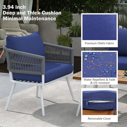4-Piece Outdoor Patio Furniture Boho Rope Weave Set, Conversation Loveseat Sofa&Chairs with Acacia Wood Table and Thick Cushions, for Garden Backyard Balcony, Onesize, Navy Blue