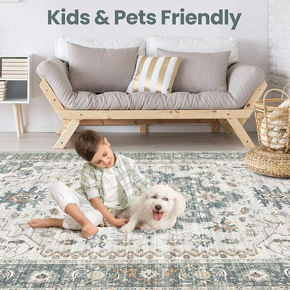 Washable Area Rugs for Living Room - 5x7 Neutral Vintage Distressed Floral Farmhouse Boho Large Soft Floor Rug Indoor Non Slip Carpet for Living Room Bedroom Dining Room Office - Green/Grey