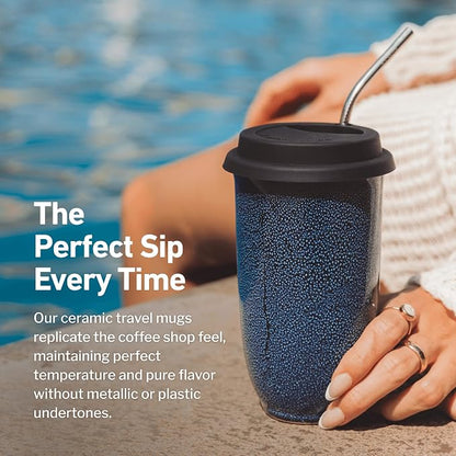 NOVA CERAMICS Travel Mug - Ceramic Travel Mug With Lid – Travel Coffee Mug Unique To Go Coffee Cup – Microwave & Dishwasher Safe Coffee Tumbler - Gifts For Women Men Him Her – 12oz - Abyss