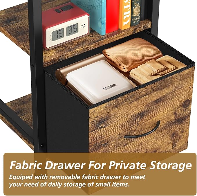 Narrow-Bookshelf-With-Storage-Drawer, 5-Tier Small Standing Book Shelf Organizer For Small Space, Tall Thin Bookcase Shelf For Bedroom Living Room Office, Wooden Shelving Unit Rack For Display