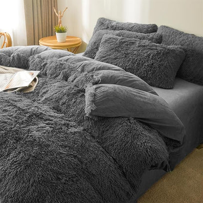 Fluffy dark grey comforters Cover twin size - Ultra Soft Plush dark grey bedding Sets 2 Pieces (1 faux fur comforter Cover + 1 fuzzy pillow case) girls shaggy dark grey twin bed set (Dark Grey, Twin)