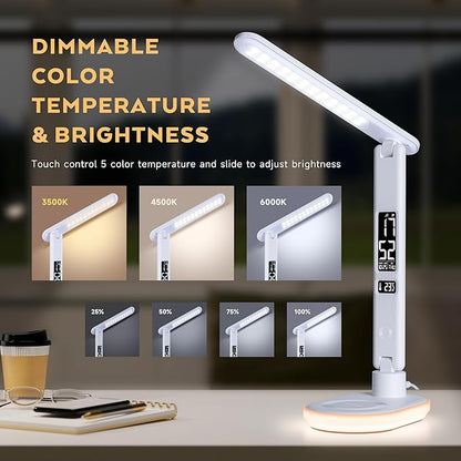 Led Desk Lamp with Charger: Office Table Lamps with USB Wireless Charging for Home Reading - Desk Lights with Clock for College