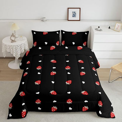 Erosebridal Strawberry Comforter Set Queen Size Red and Black Kawaii Strawberry Bedding Set for Kids Girls Women Bedroom Decor Children Cute Sweet Tropical Fruit Comforter Soft Reversible Bedding