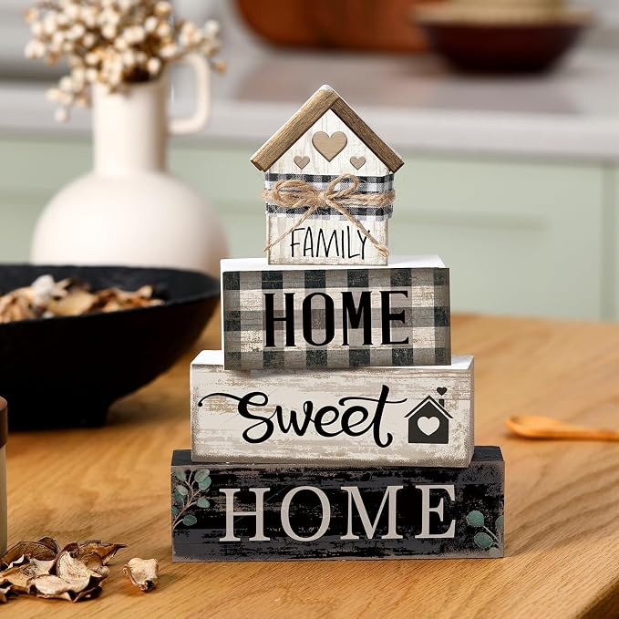 Moucuny 4 Pcs Farmhouse Table Decor Rustic Home Sweet Home Farmhouse Tiered Tray Decor Retro Wooden House Shaped Block Signs Housewarming Gifts Neutral Centerpiece for Kitchen Shelf