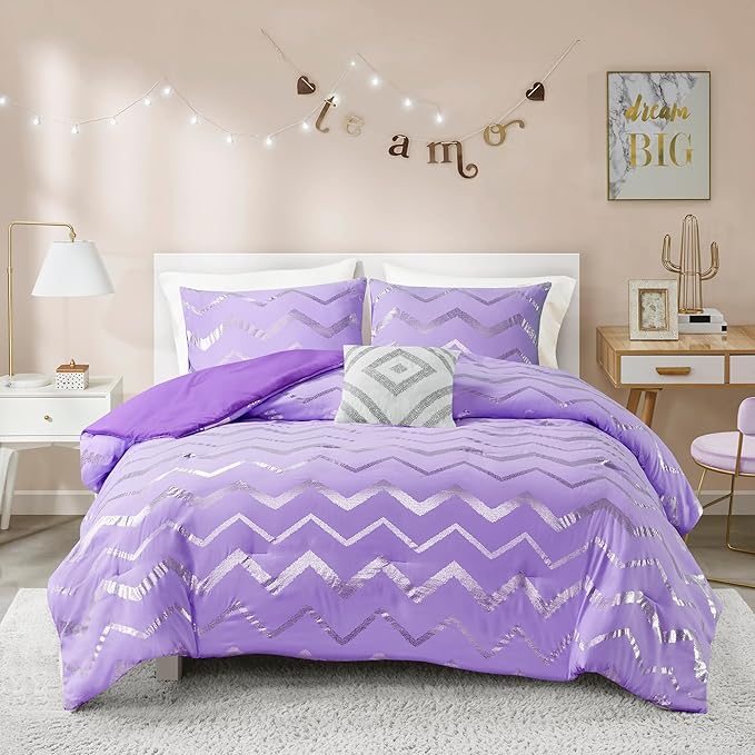 Codi Purple Comforter Set Full - Metallic Silver and Lavender Bedding Sets Queen Size - 4 Piece Set for Girls, includes 1 Comforter, 1 Decorative Pillow, 2 Pillow Cases - All Season Warm