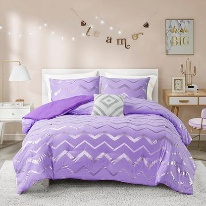Codi Twin XL Bedding Set - Cute Purple Bed Set, Metallc Print Comforter - 3 Piece Sets for Girls, includes 1 Comforter, 1 Decorative Pillow, and 1 Pillow Case - All Season, Lightweight and Warm