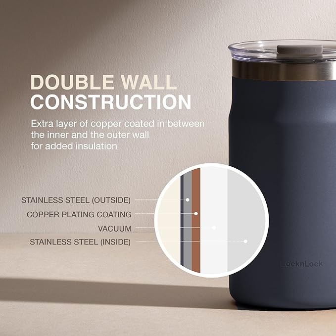 LocknLock Metro Mug, Premium 18/8 Stainless Steel Metal, Double Wall Insulated, Portable Coffee Cup with Lid and Handle for Hot and Cold Drinks, Navy, 16 oz
