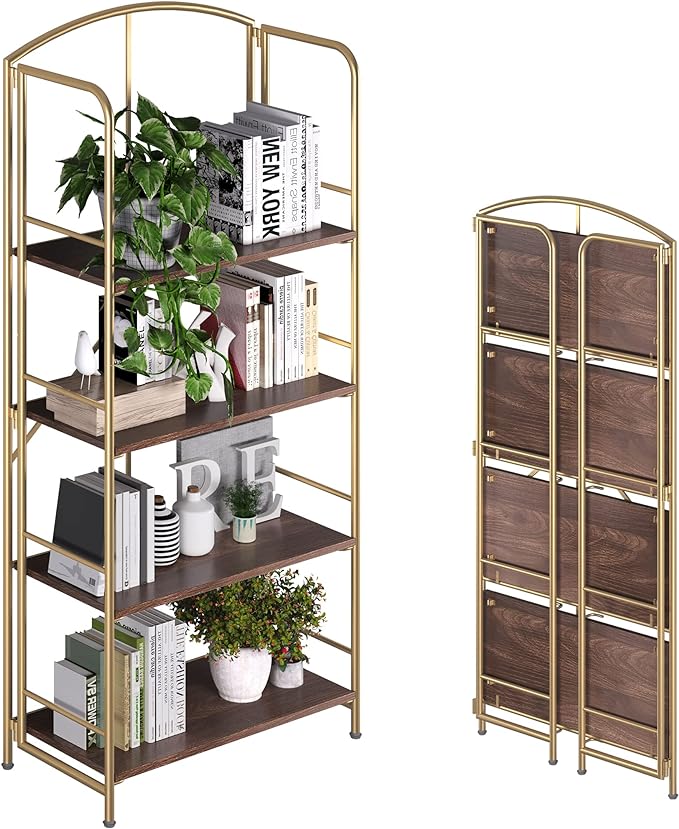 No Assembly Folding Bookshelf, Metal Book Shelf for Storage, Folding Bookcase for Office Organization and Storage (Brown and Gold, 4 Tiers)