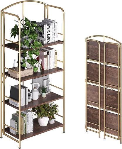 No Assembly Folding Bookshelf, Metal Book Shelf for Storage, Folding Bookcase for Office Organization and Storage (Brown and Gold, 4 Tiers)