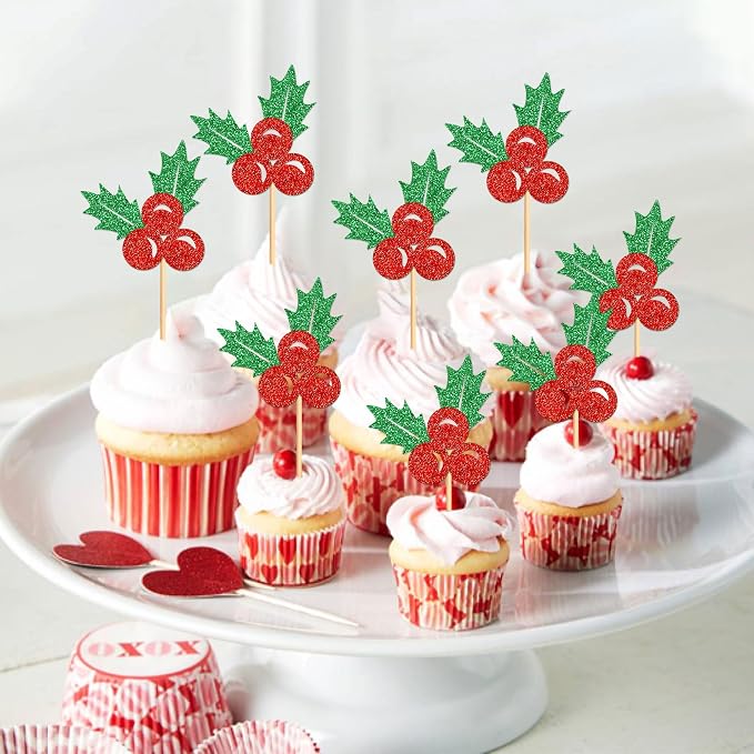 24 Pack Christmas Holly Leaves Cupcake Toppers Picks Christmas Eve Party Cake Baby Shower Birthday Party Cake Decoration Supplies