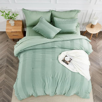 ENJOHOS Sage Green Queen Comforter Set - Boho Bedding Sets Queen Size, 3 PCS Tufted Comforter with Pom Pom Design for All Season, Lightweight Soft Microfiber Cooling Comforter with 2 Pillow Cases