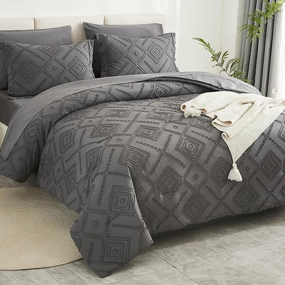 EMME Twin Comforter Set - 5 Pcs Dark Grey Boho Bedding Sets, Twin Size Tufted Comforter with Sheets, Shabby Chic Embroidery Bed Set Fluffy Bed Bag for All Season(68"X90")