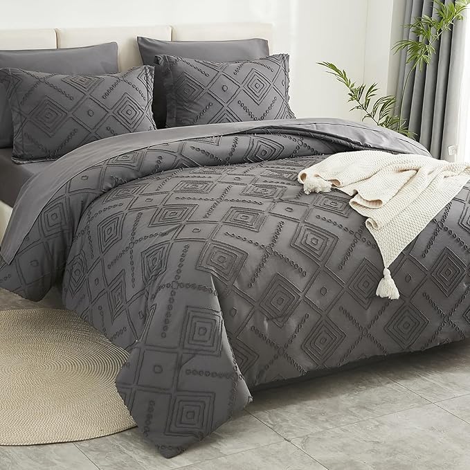 EMME King Comforter Set - 7 Pcs Dark Grey Boho Bedding Sets, King Size Tufted Comforter with Sheets, Shabby Chic Embroidery Bed Set Fluffy Bed Bag for All Season(102"X90")