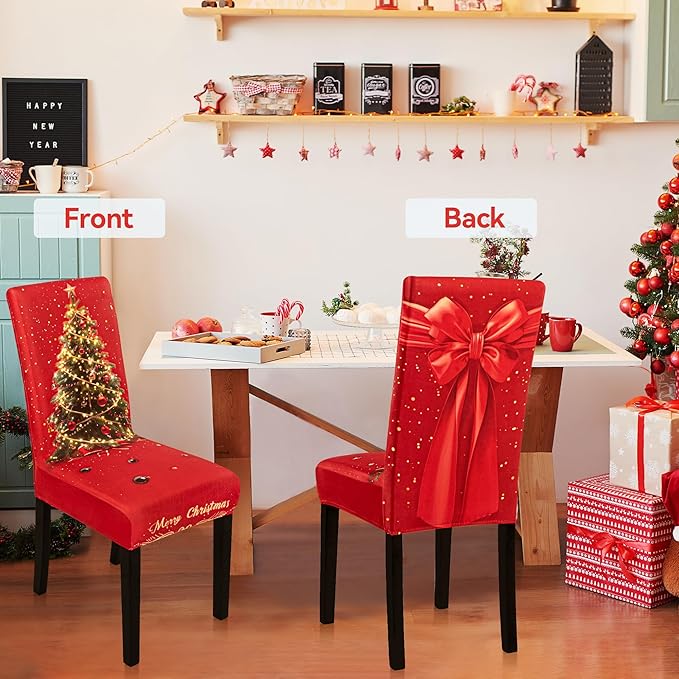 4PCS Christmas Dining Chair Covers Stretch Removable Washable Dining Room Chair Protector Slipcover 3D Print Xmas Tree Bow Tie Kitchen Chair Cover Slipcovers for Xmas Holiday Party Home Décor