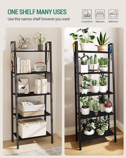 Ladder Shelf, Bookshelf Bookcase, Freestanding Corner Storage Shelve with 2 Hooks for Home Office, Living Room, Kitchen, Bedroom, Industrial, 5-Tier Black BC19304B