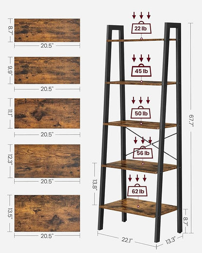 VASAGLE Ladder Shelf, 5-Tier Bookshelf, Storage Rack, Bookcase with Steel Frame, Wood Look Accent Furniture with Metal Frame, 22.1 x 13.3 x 67.7 Inches, Rustic Brown ULLS45X