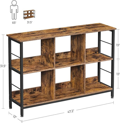 VASAGLE Bookshelf, Cube Shelf, Console Table, TV Stand with 6 Storage Cubes, for Office, Living Room, Bedroom, 13 x 47.2 x 31.5 Inches Industrial Design, Rustic Brown and Black ULLS104B01