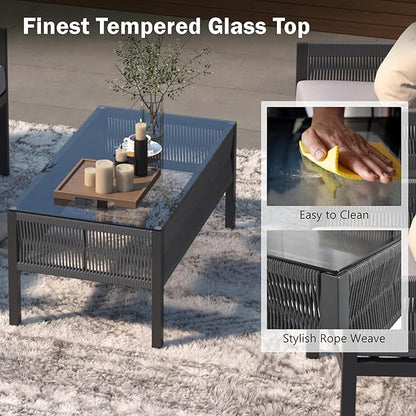 4 Piece Patio Furniture Set, Outdoor FSC Certified Acacia Wood Conversation Set, All-Weather Rope Sofa Set w/Tempered Glass Table, Loveseat for Lawn Balcony Poolside, Backyard, Backyard