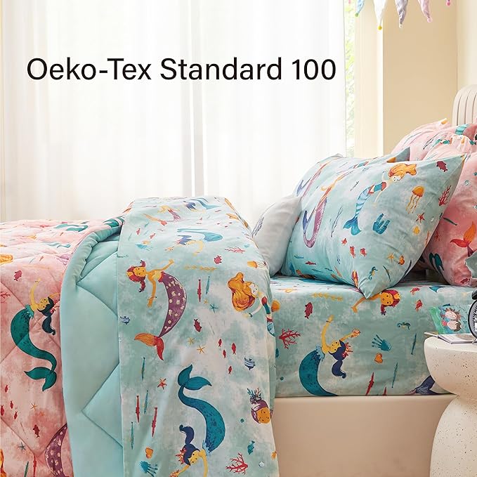 Twin Size Mermaid Kids Bedding Set for Girls, 5 Pieces Super Soft Lightweight Microfiber Comforter Set with Sheets, Bed in a Bag, Durable Children Bed Set