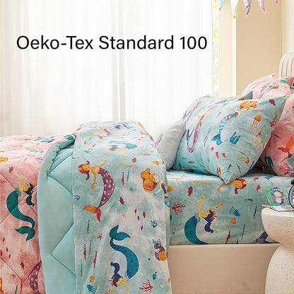 Twin Size Mermaid Kids Bedding Set for Girls, 5 Pieces Super Soft Lightweight Microfiber Comforter Set with Sheets, Bed in a Bag, Durable Children Bed Set
