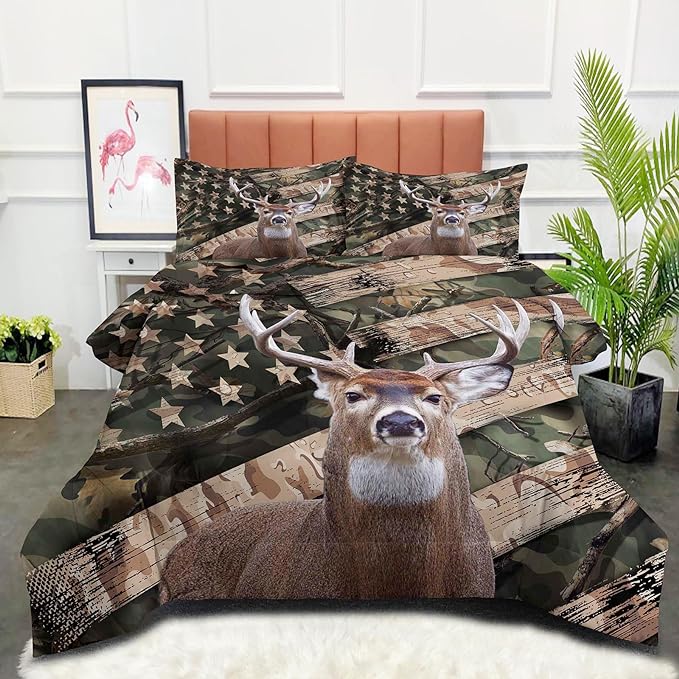 NINENINE Camo Deer Bedding Sets Full Size American Flag Comforter for Boys Adult Teens Western Theme Wildlife Forest Hunted Animal Comforter Sets with 1 Comforter 2 Pillowcases