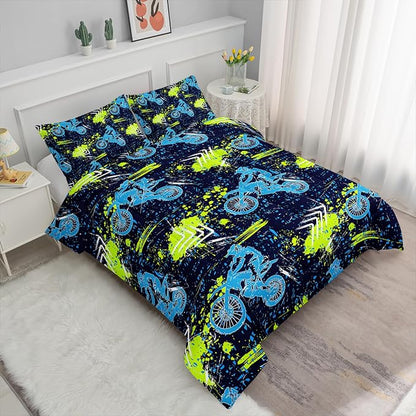 Axolotl Boys Dirt Bike Bedding Set Full,Dirt Bike Comforter Set,Extreme Sports Tie Dye Bedding Set Motor Biker,Motocross Rider Comforter Set for Boys Kids Teens Men,1 Quilt 2 Pillowcases,Blue Green