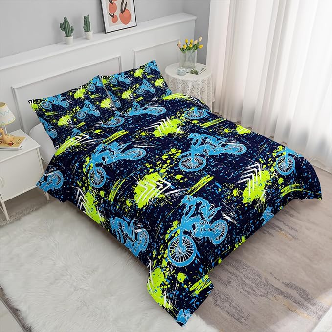 Axolotl Boys Dirt Bike Bedding Set Twin,Dirt Bike Comforter Set,Extreme Sports Tie Dye Bedding Set Motor Biker,Motocross Rider Comforter Set for Boys Kids Teens Men,1 Quilt 2 Pillowcases,Blue Green