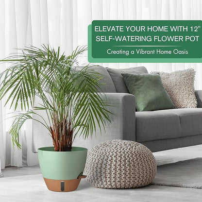 12/10/8 Inch Self Watering Pots for Indoor Plants Plastic Large Plant Pot for Outdoor Plants, Water Level Window & Spacious Reservoir Flower Pots Decorative Planter with Drainage and Tray (Green)