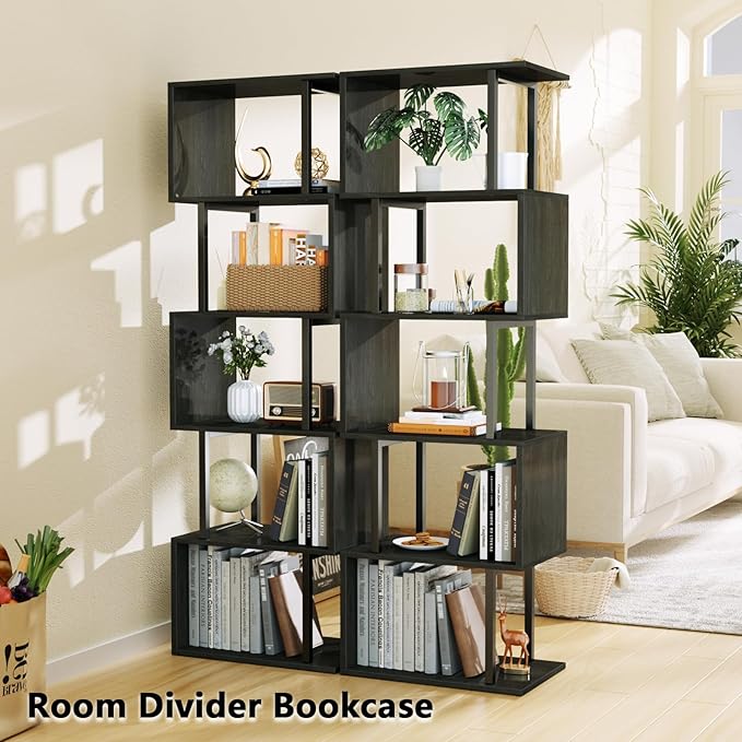 Furologee 6 Tier Bookshelf Tall Geometric Bookcase, S-Shaped Industrial Display Standing Shelf, Metal and Wood Decorative Storage Room Divider Shelves for Bedroom, Living Room, Office, Light Black Oak