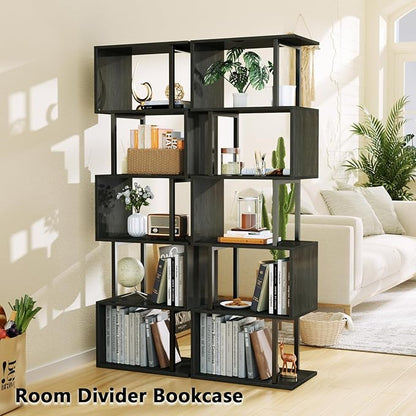 Furologee 6 Tier Bookshelf Tall Geometric Bookcase, S-Shaped Industrial Display Standing Shelf, Metal and Wood Decorative Storage Room Divider Shelves for Bedroom, Living Room, Office, Light Black Oak