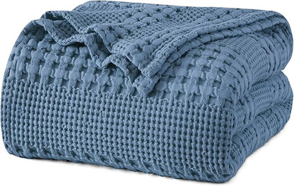PHF 100% Cotton Waffle Weave Blanket Queen Size, Soft Lightweight Breathable Cozy Summer Blankets for Bed, Luxury Aesthetic Woven Bedding for Home Decor, 90"x90", Captain's Blue