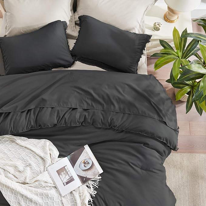 Andency Queen Comforter Set Dark Grey, 3 Pieces Boho Tassel Lightweight Bedding Comforter Sets, Winter Soft Fluffy Fringe Bed Set (90x90In Comforter & 2 Pillowcases)