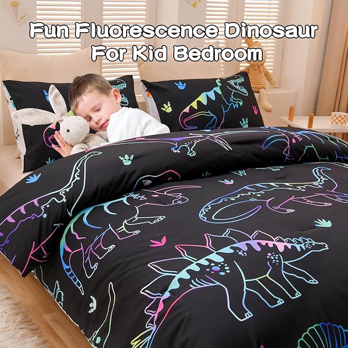 Meeting Story Dinosaur Comforter Set,Fluorescence Dinosaur Colorful Pattern Twin Comforter Set, 3 PCS 1 Comforter and 2 Pillowcases in One Bag, All Season Bedspread for Kids Teens Adults(Full)