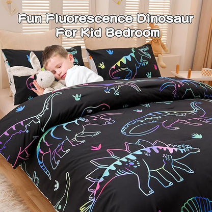 Meeting Story Dinosaur Comforter Set,Fluorescence Dinosaur Colorful Pattern Twin Comforter Set, 3 PCS 1 Comforter and 2 Pillowcases in One Bag, All Season Bedspread for Kids Teens Adults(Full)