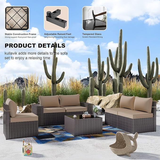 Kullavik 6PCS Outdoor Patio Furniture Set PE Wicker Rattan Sectional Sofa Patio Conversation Sets,Khaki