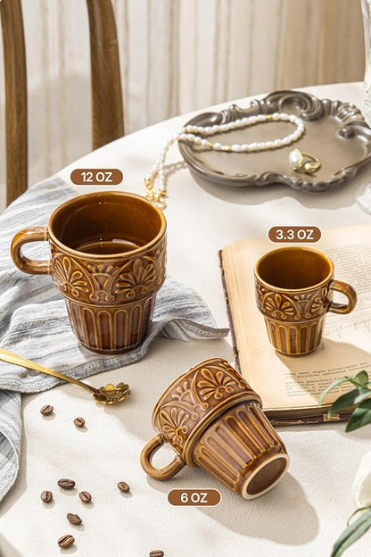 Ceramic Coffee Mug, Stackable Mug 3.3 OZ Coffee Mugs, Espresso Cups, Mugs Set of 6 for Latte Milk Hot Chocolate, for Men Women Kids, Ideal for Home Restaurant Daily Use & Holiday Gifting, Brown