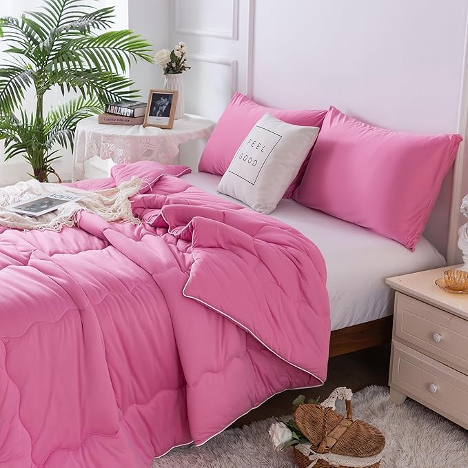 COTTEBED Softness Comforter Set KING Size Bed, Jersey Knit T-Shirt Feel Ultra-Soft Breathable Comy Cozy Lightweight Bedding Down Blanket Pillowsham Women Girl All Season, California/Cal King Rose Pink